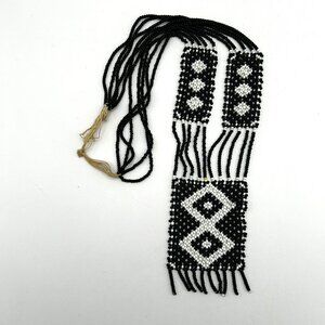 Vintage Tribal Native Loom Bead Necklace Black White Glass Seed Beads 26”